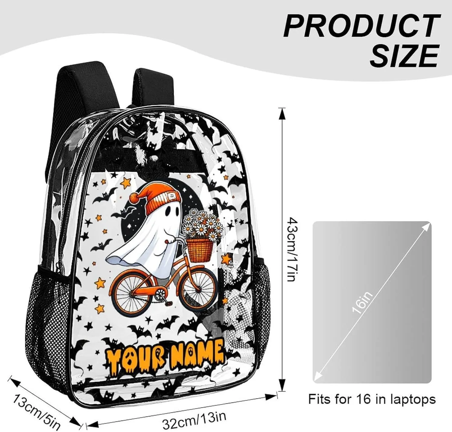 Custom Halloween Clear Backpack Heavy Duty for Girls Kids Boys Women Men - Large Cute PVC Halloweens Theme Printing Transparent Backpacks for Schools Stadium Concerts Work - Clear/Black
