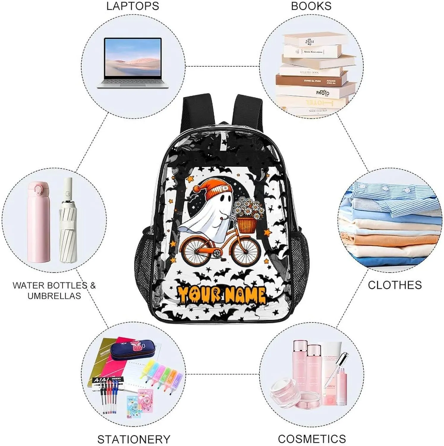 Custom Halloween Clear Backpack Heavy Duty for Girls Kids Boys Women Men - Large Cute PVC Halloweens Theme Printing Transparent Backpacks for Schools Stadium Concerts Work - Clear/Black