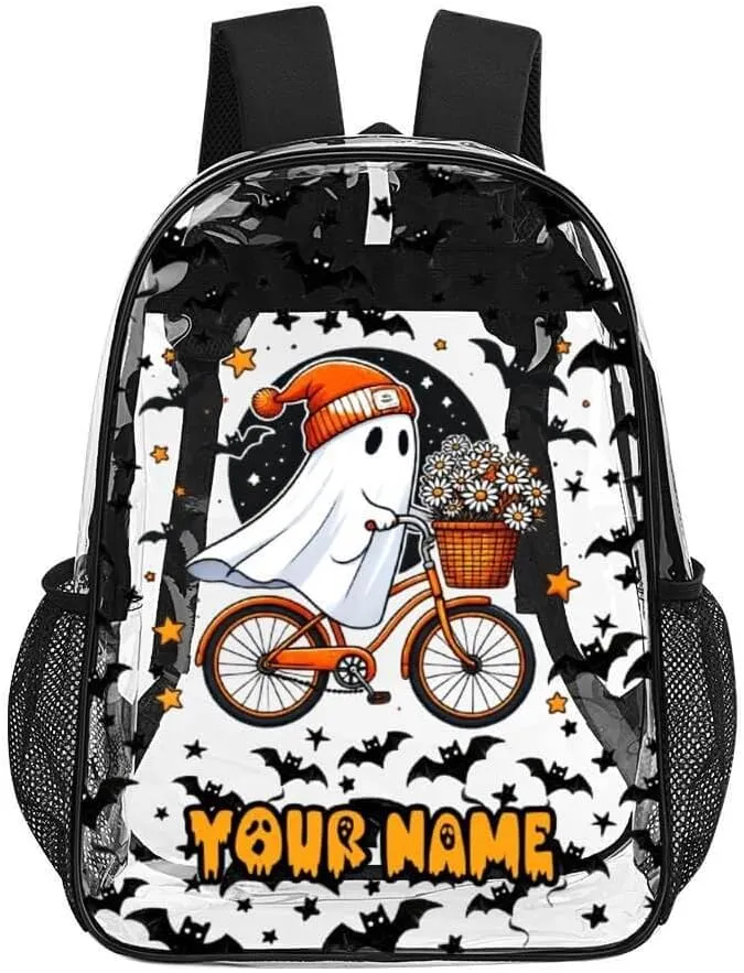 Custom Halloween Clear Backpack Heavy Duty for Girls Kids Boys Women Men - Large Cute PVC Halloweens Theme Printing Transparent Backpacks for Schools Stadium Concerts Work - Clear/Black