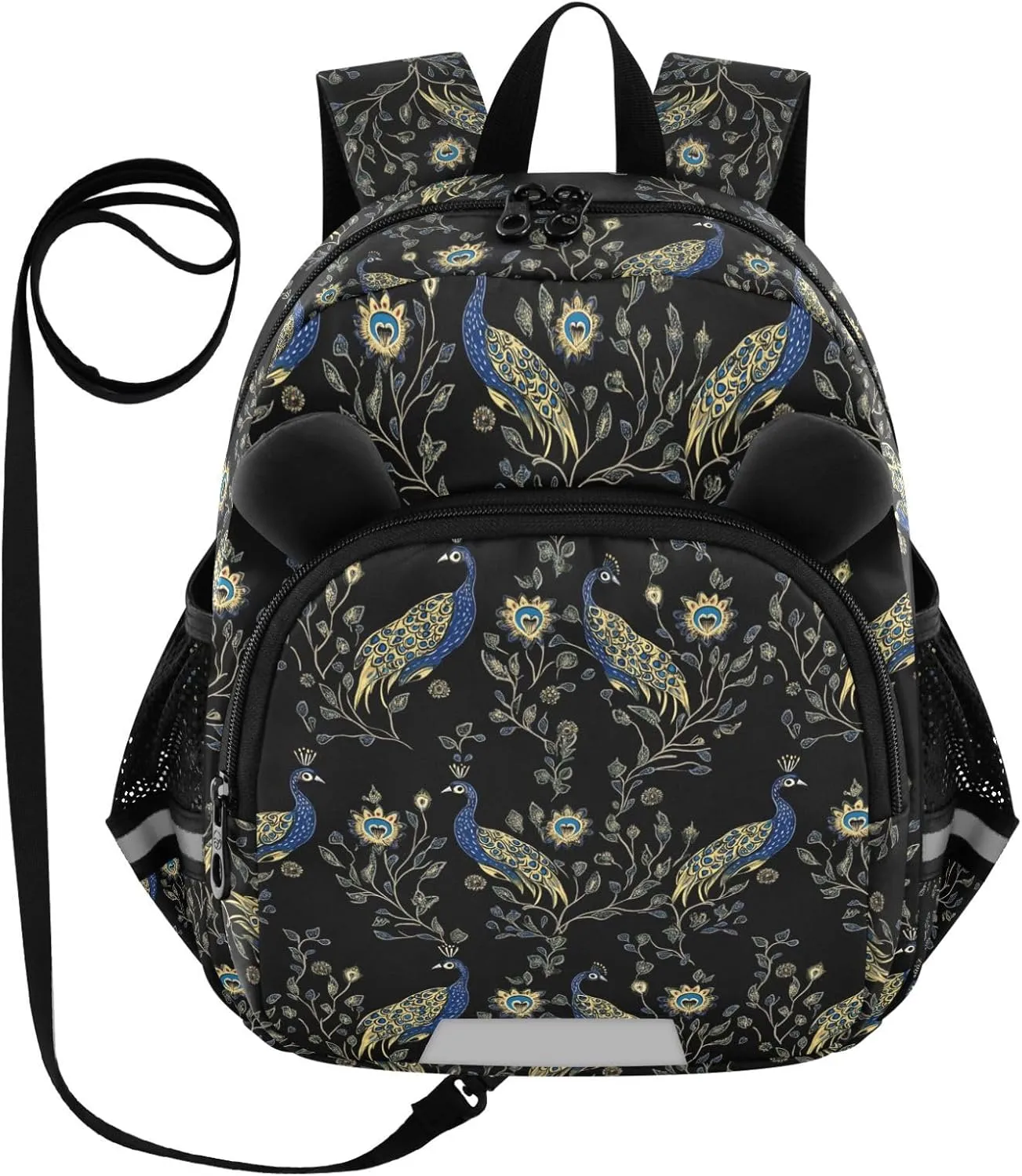 Cute Ears Preschool Backpack Leash Boy's/Girl's Anti-Lost Personalized Daycare Diaper Bag with Reflective Strip Elegant Peacocks Floral Motifs Black mochilas escolares para ni?os