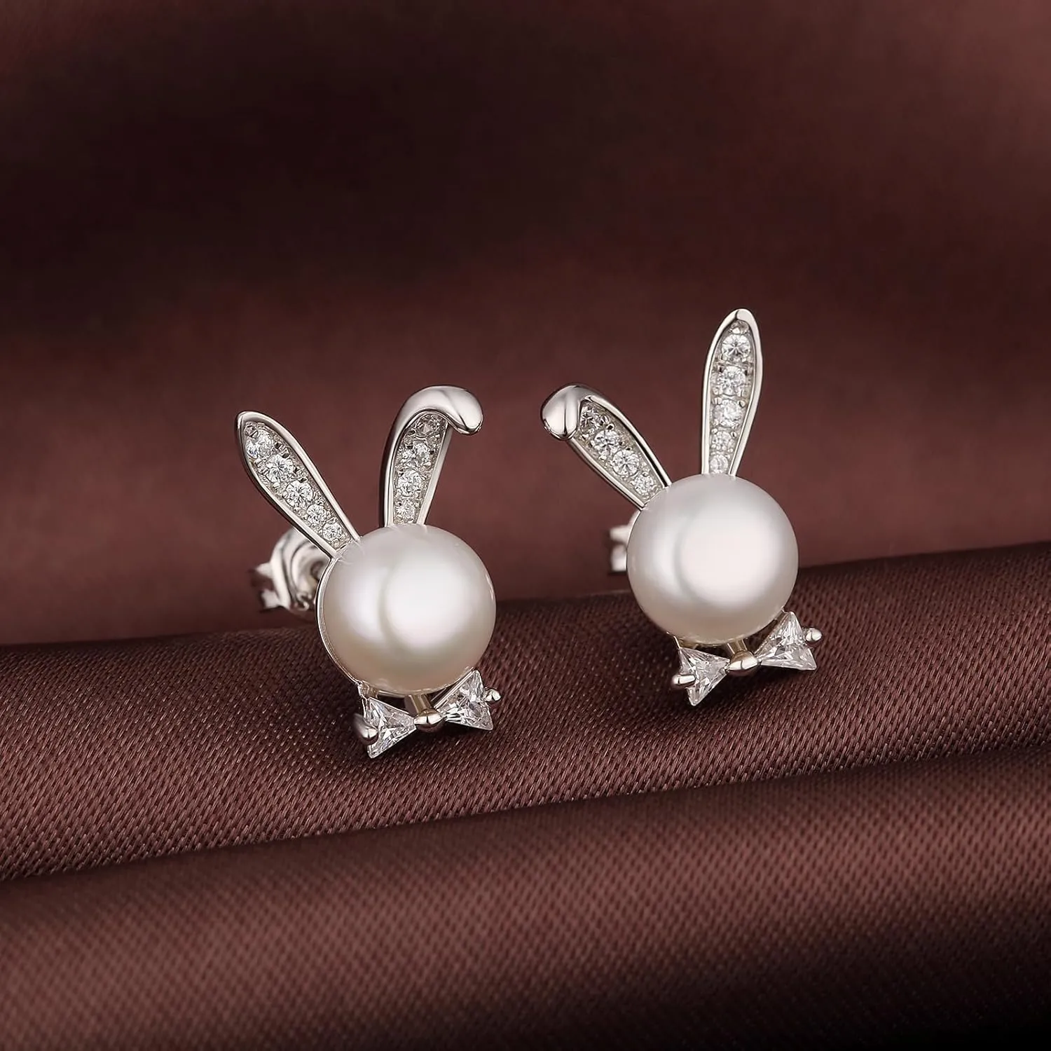Cute Rabbit Bunny Pearl Earrings-925 Sterling Silver Rabbit Pearl Stud Earrings with Freshwater Pearl 8MM, Come with Gift Box
