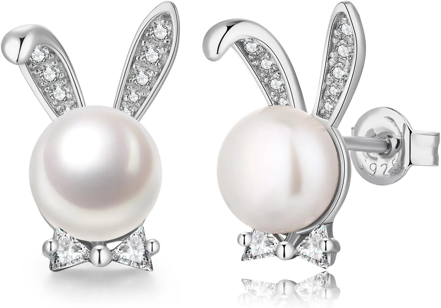 Cute Rabbit Bunny Pearl Earrings-925 Sterling Silver Rabbit Pearl Stud Earrings with Freshwater Pearl 8MM, Come with Gift Box