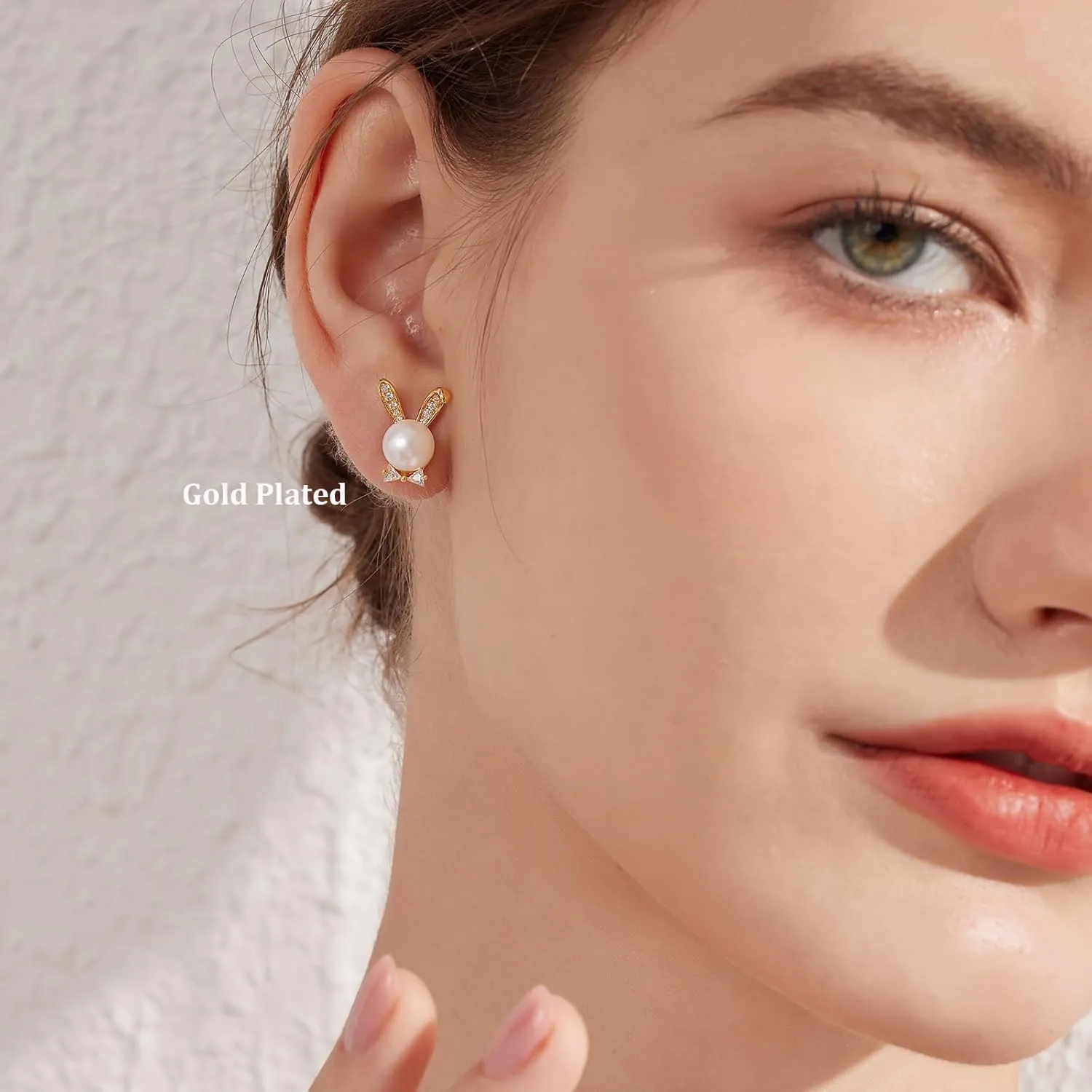 Cute Rabbit Bunny Pearl Earrings-925 Sterling Silver Rabbit Pearl Stud Earrings with Freshwater Pearl 8MM, Come with Gift Box