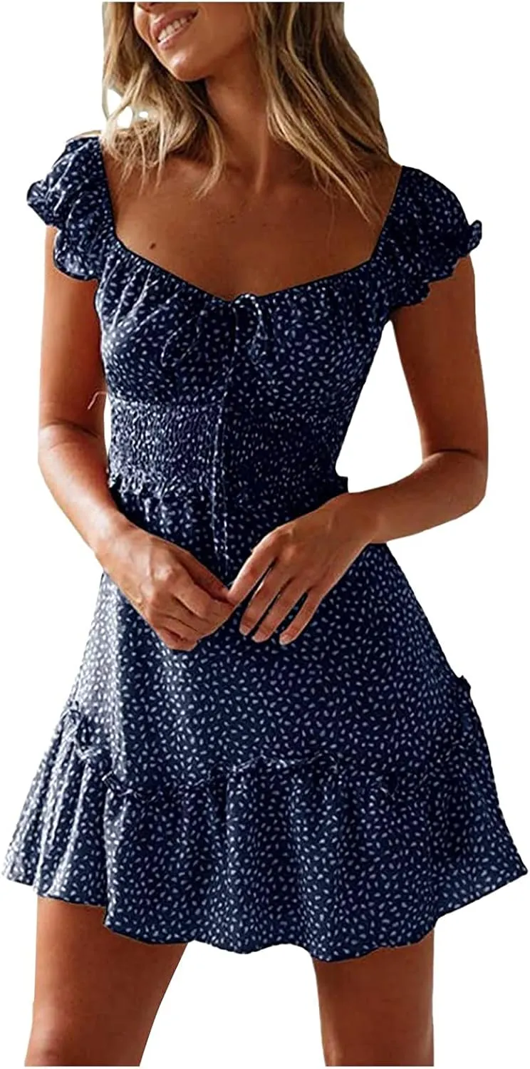 Cute Short Summer Dresses for Teens Sexy Ruffle Floral Sundresses Tie Front Pleated Boho Mini Smocked Dress
