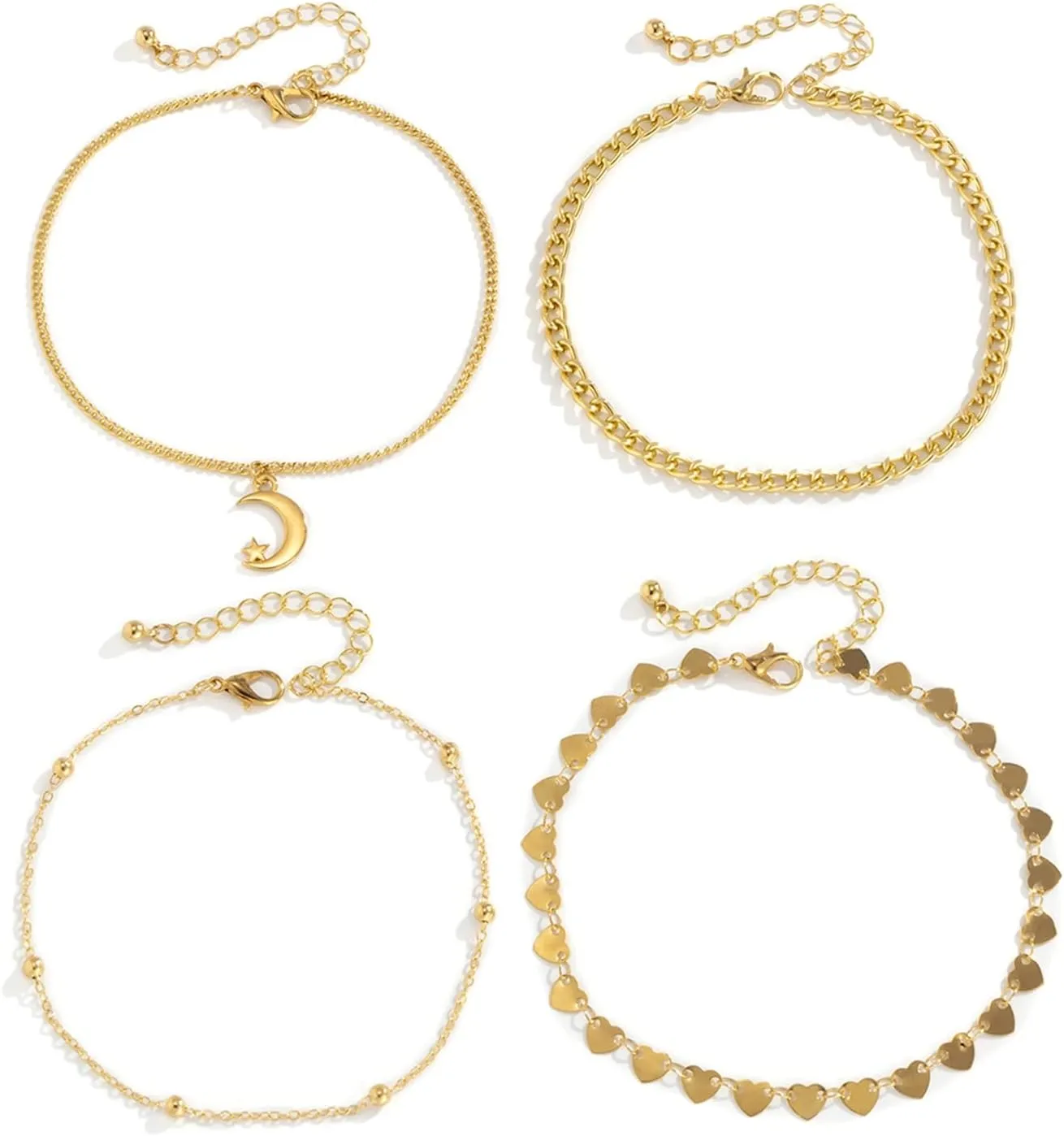 Daesar Anklets for Women, Gold Plated Anklets for Women Star Moon Heart Anklet Sets for Teen Girls