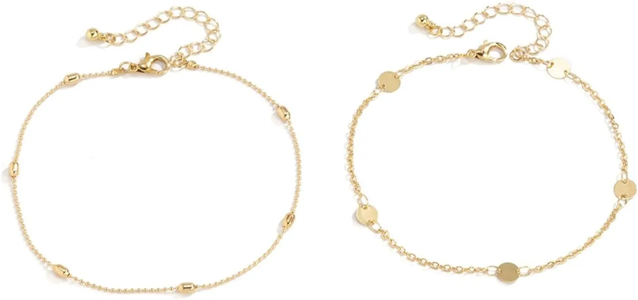 Daesar Womens Anklet Bracelet, Anklet Gold Plated Women Thin Chain with Beads Anklet Sets for Teen Girls