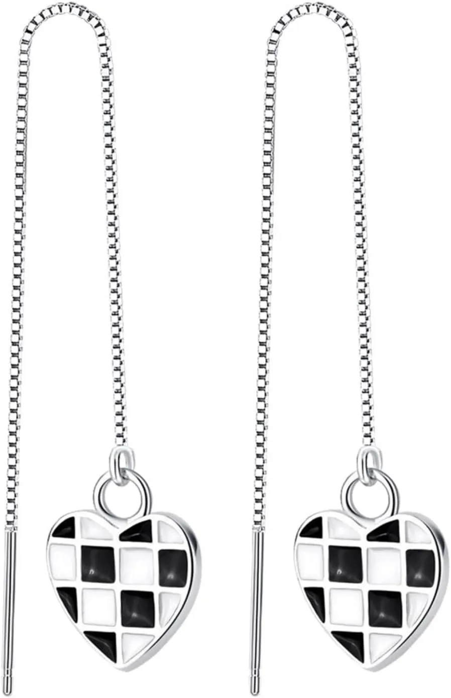 Dainty Black White Heart Threader Dangle Drop Earrings for Women,Simple Cute Love Heart Tassel Dangle Earrings Drops Threader Jewelry Gifts