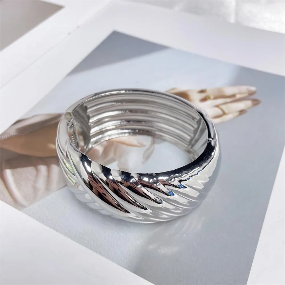 Dainty Twist Stripe Wide Chunky Bangle Bracelets for Women Minimalist Classic 14K Yellow Gold Plated Oval Cuff Wrist Open Bangles Statement Unique Design Fashion Trendy Jewelry Gift