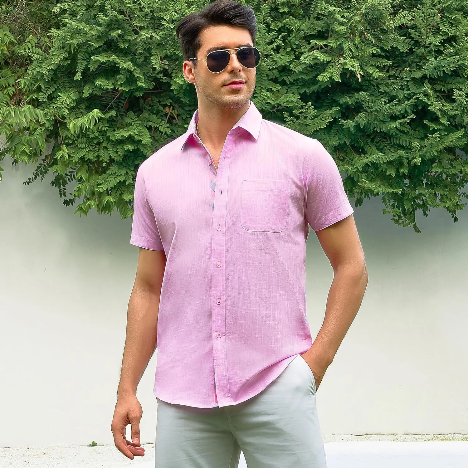 Damipow Linen Shirts for Men Casual Button Down Beach Vacation Shirt Short Sleeve Button Up Shirts with Pocket