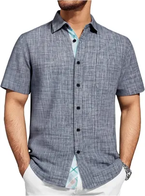 Damipow Linen Shirts for Men Casual Button Down Beach Vacation Shirt Short Sleeve Button Up Shirts with Pocket