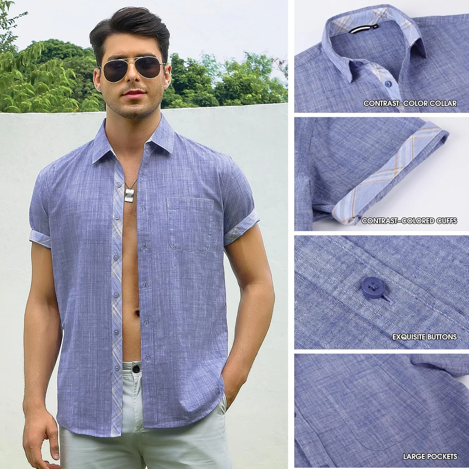Damipow Linen Shirts for Men Casual Button Down Beach Vacation Shirt Short Sleeve Button Up Shirts with Pocket