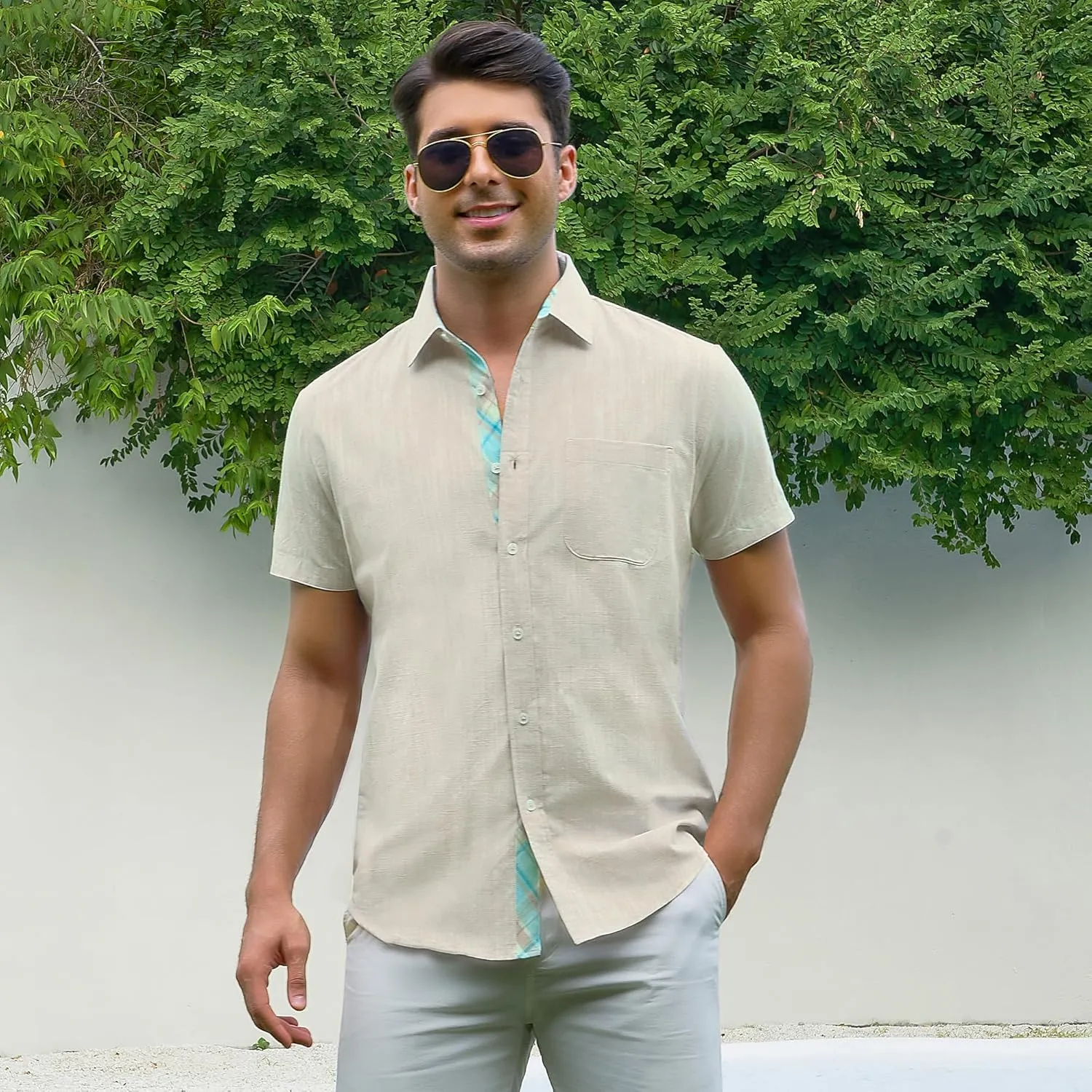 Damipow Linen Shirts for Men Casual Button Down Beach Vacation Shirt Short Sleeve Button Up Shirts with Pocket
