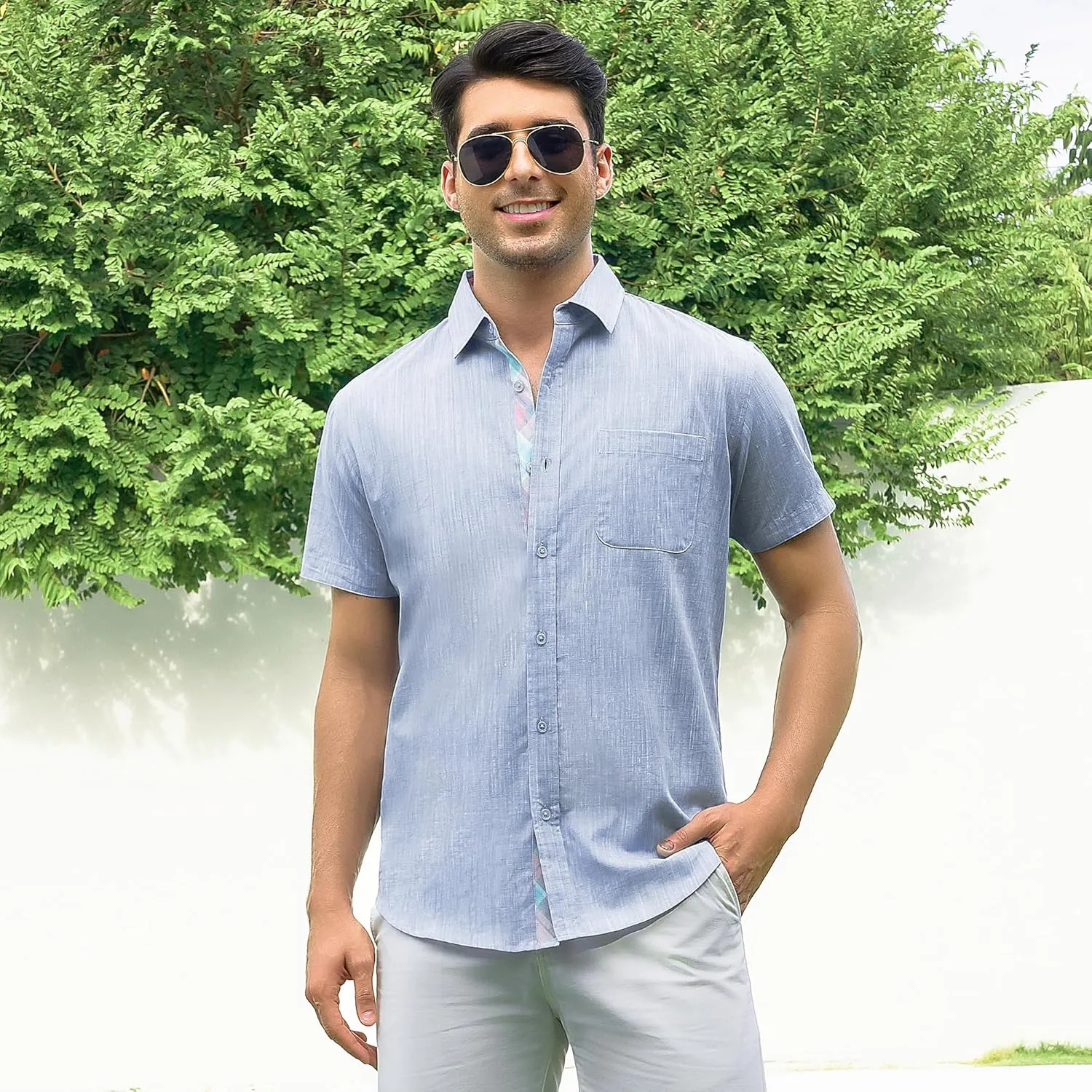 Damipow Linen Shirts for Men Casual Button Down Beach Vacation Shirt Short Sleeve Button Up Shirts with Pocket