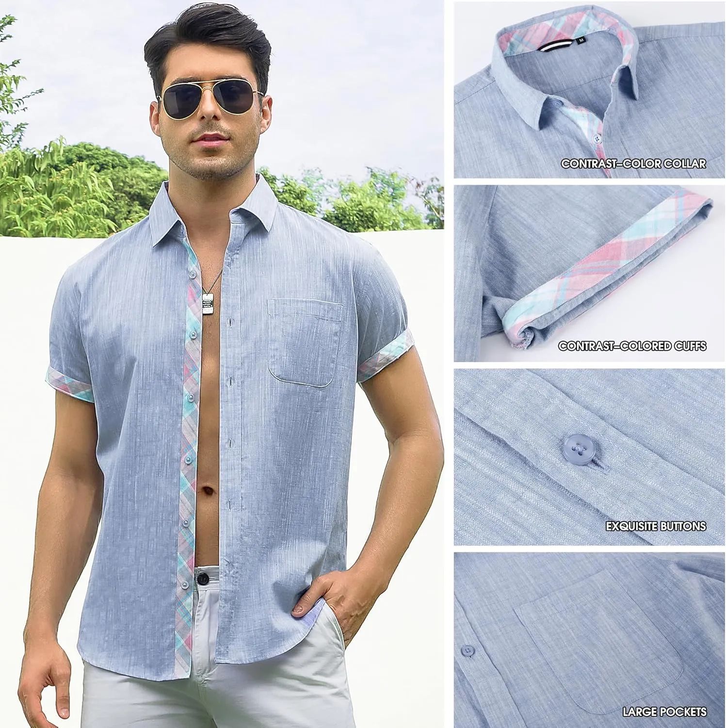 Damipow Linen Shirts for Men Casual Button Down Beach Vacation Shirt Short Sleeve Button Up Shirts with Pocket