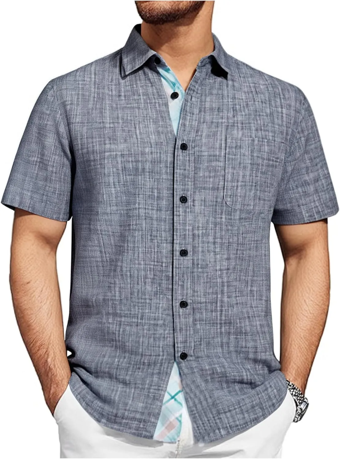 Damipow Linen Shirts for Men Casual Button Down Beach Vacation Shirt Short Sleeve Button Up Shirts with Pocket