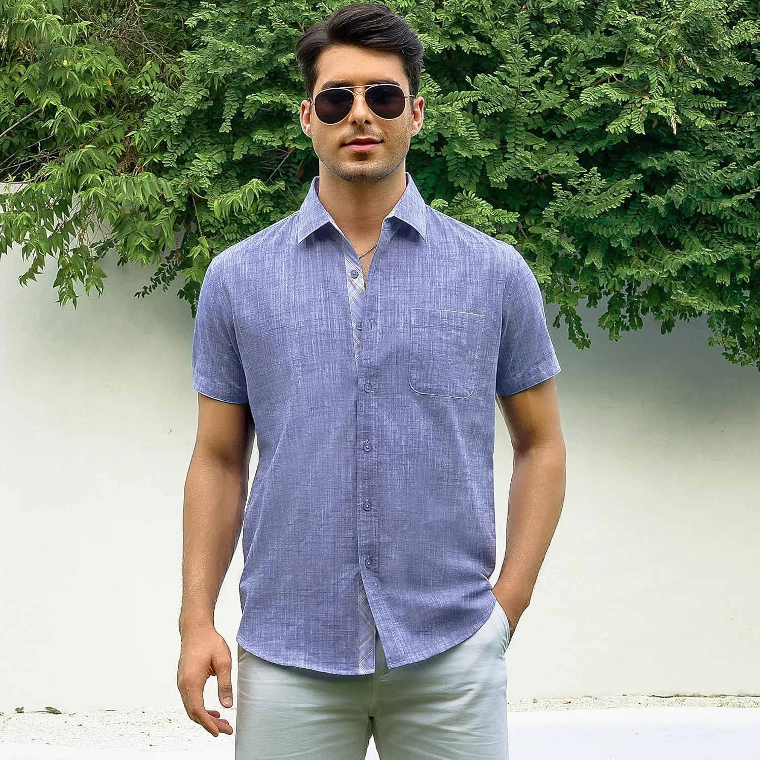 Damipow Linen Shirts for Men Casual Button Down Beach Vacation Shirt Short Sleeve Button Up Shirts with Pocket