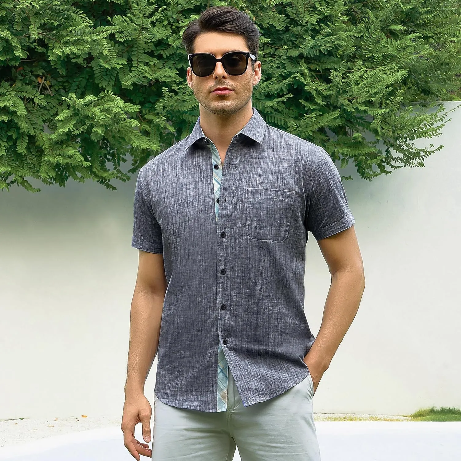 Damipow Linen Shirts for Men Casual Button Down Beach Vacation Shirt Short Sleeve Button Up Shirts with Pocket