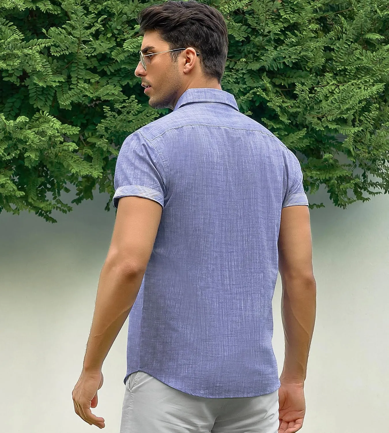 Damipow Linen Shirts for Men Casual Button Down Beach Vacation Shirt Short Sleeve Button Up Shirts with Pocket