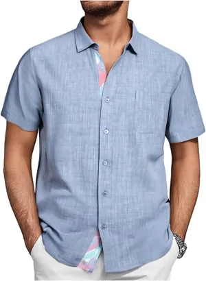 Damipow Linen Shirts for Men Casual Button Down Beach Vacation Shirt Short Sleeve Button Up Shirts with Pocket
