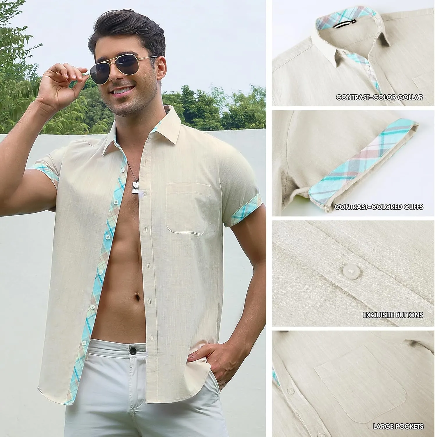 Damipow Linen Shirts for Men Casual Button Down Beach Vacation Shirt Short Sleeve Button Up Shirts with Pocket