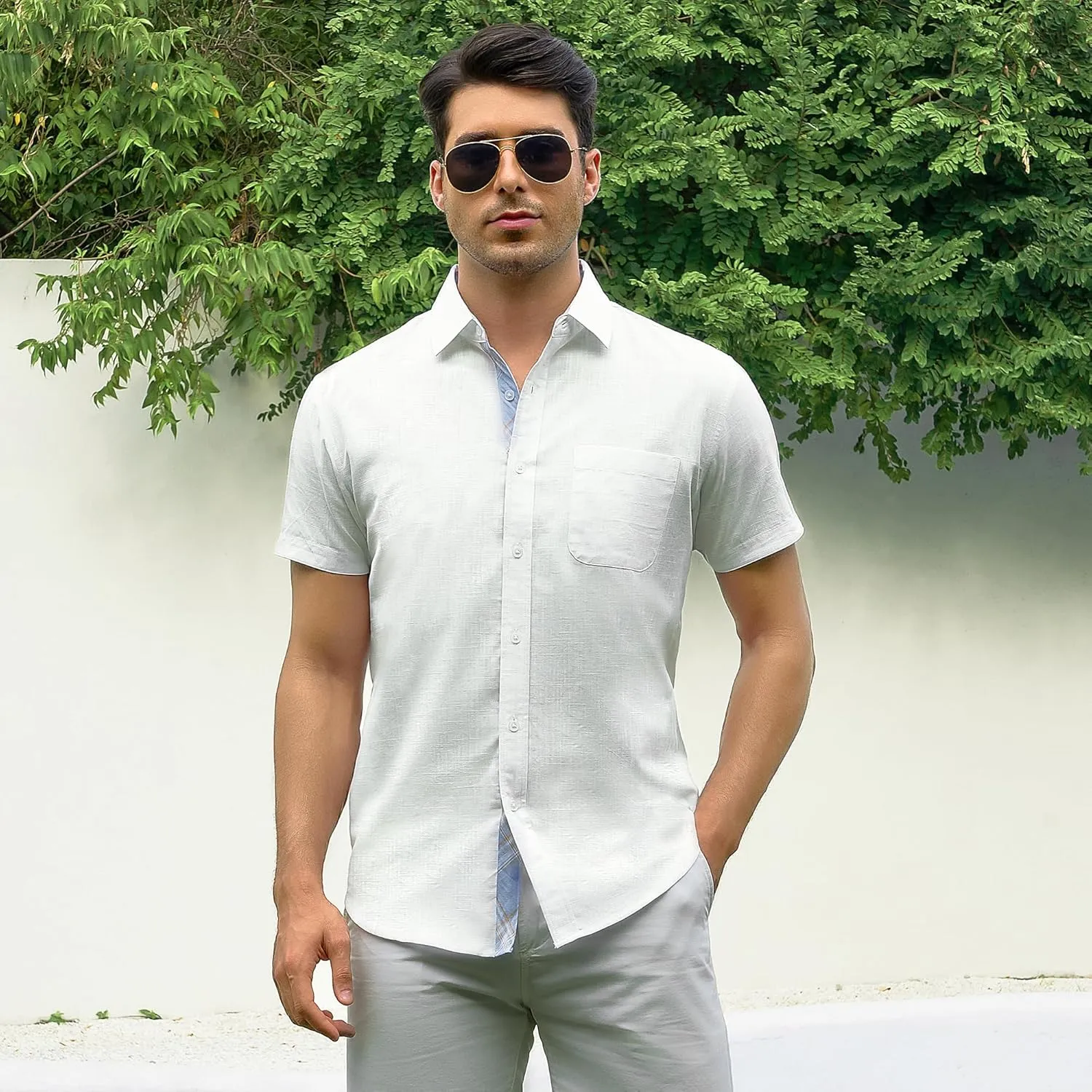 Damipow Linen Shirts for Men Casual Button Down Beach Vacation Shirt Short Sleeve Button Up Shirts with Pocket