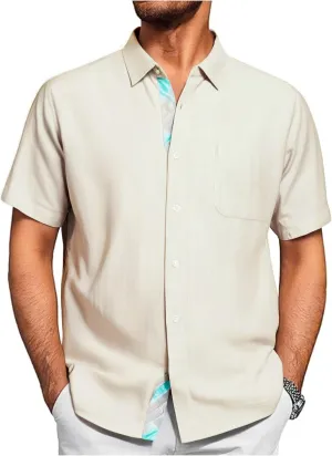 Damipow Linen Shirts for Men Casual Button Down Beach Vacation Shirt Short Sleeve Button Up Shirts with Pocket