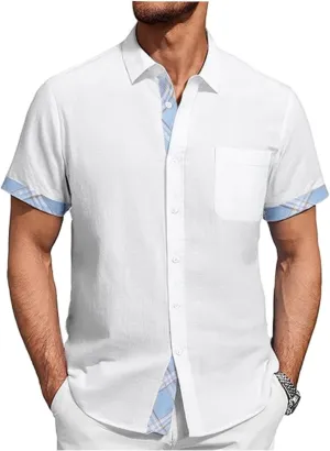 Damipow Linen Shirts for Men Casual Button Down Beach Vacation Shirt Short Sleeve Button Up Shirts with Pocket