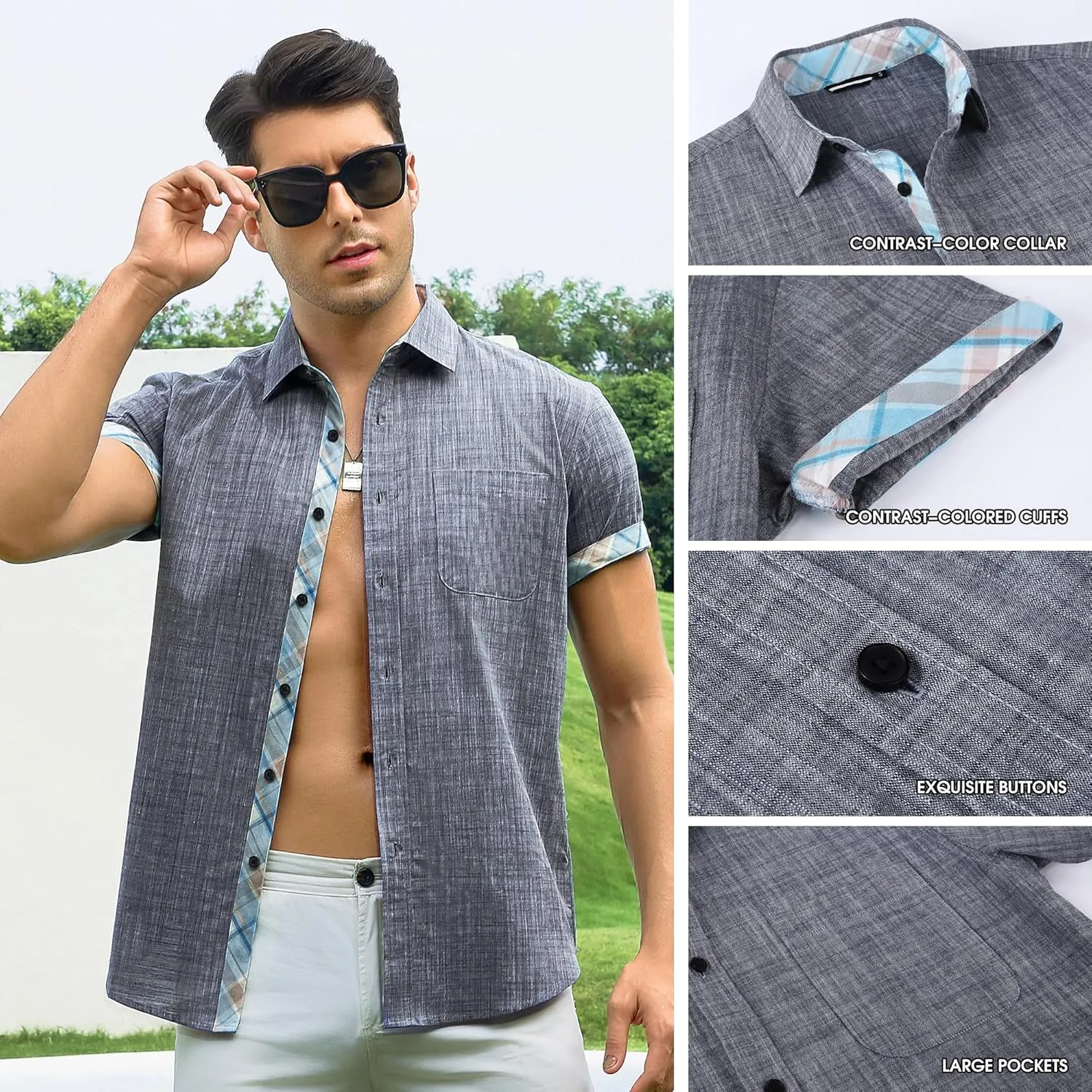 Damipow Linen Shirts for Men Casual Button Down Beach Vacation Shirt Short Sleeve Button Up Shirts with Pocket