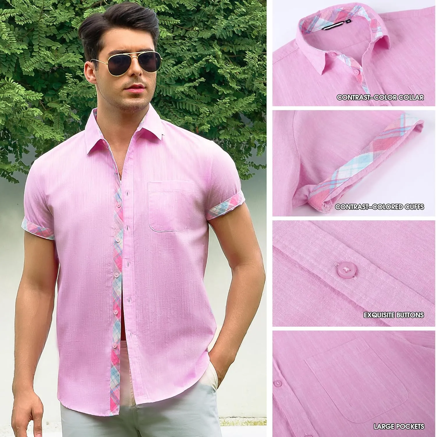 Damipow Linen Shirts for Men Casual Button Down Beach Vacation Shirt Short Sleeve Button Up Shirts with Pocket