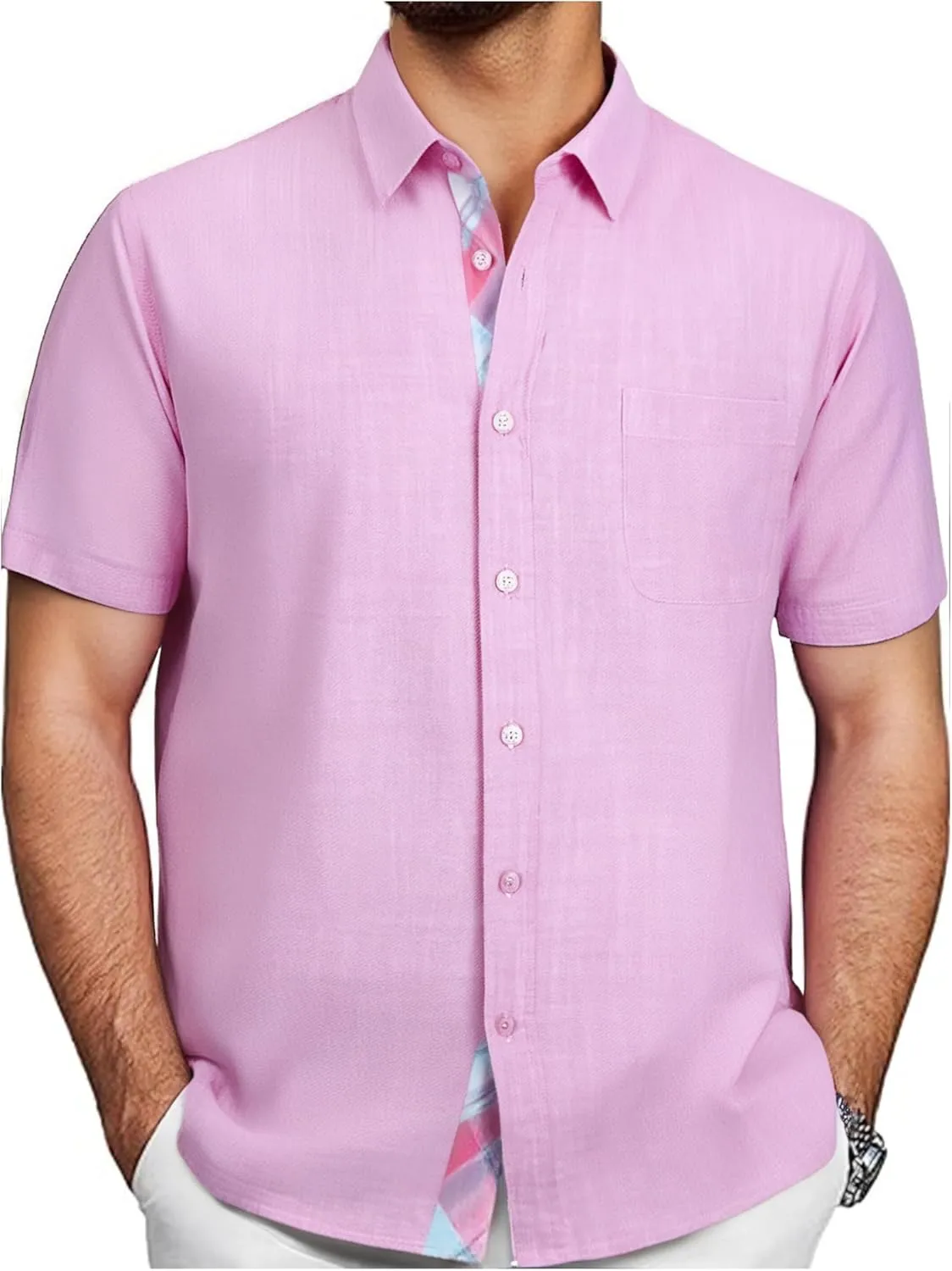 Damipow Linen Shirts for Men Casual Button Down Beach Vacation Shirt Short Sleeve Button Up Shirts with Pocket