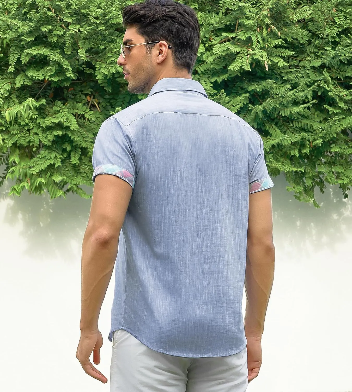 Damipow Linen Shirts for Men Casual Button Down Beach Vacation Shirt Short Sleeve Button Up Shirts with Pocket