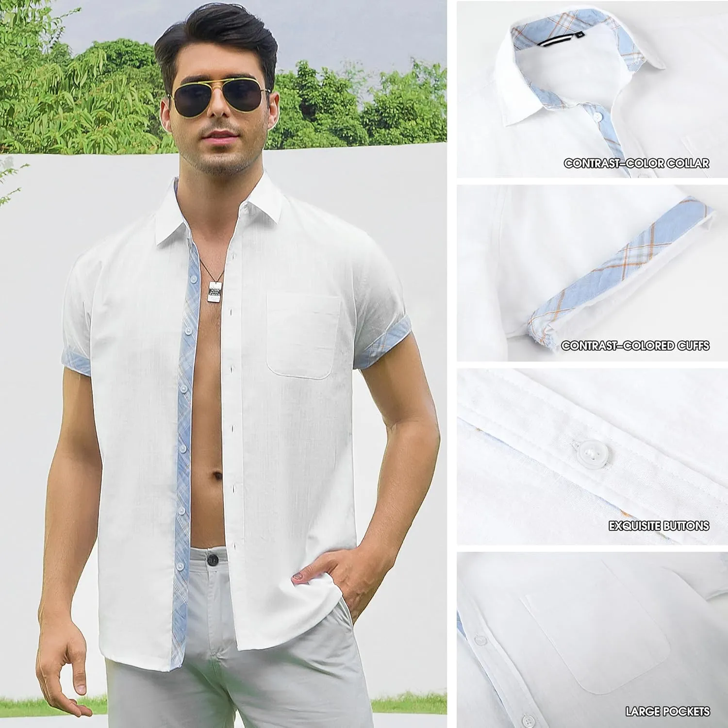 Damipow Linen Shirts for Men Casual Button Down Beach Vacation Shirt Short Sleeve Button Up Shirts with Pocket