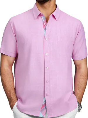 Damipow Linen Shirts for Men Casual Button Down Beach Vacation Shirt Short Sleeve Button Up Shirts with Pocket