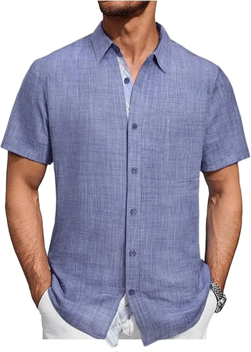 Damipow Linen Shirts for Men Casual Button Down Beach Vacation Shirt Short Sleeve Button Up Shirts with Pocket