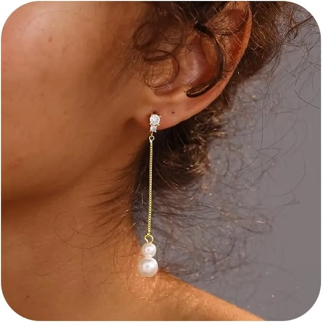 Dangle Earrings For Women,14k Gold Plated Dangle Earrings Simple Pearl Drop Earrings For Women Trendy Cute Wedding Earrings Gold Jewelry