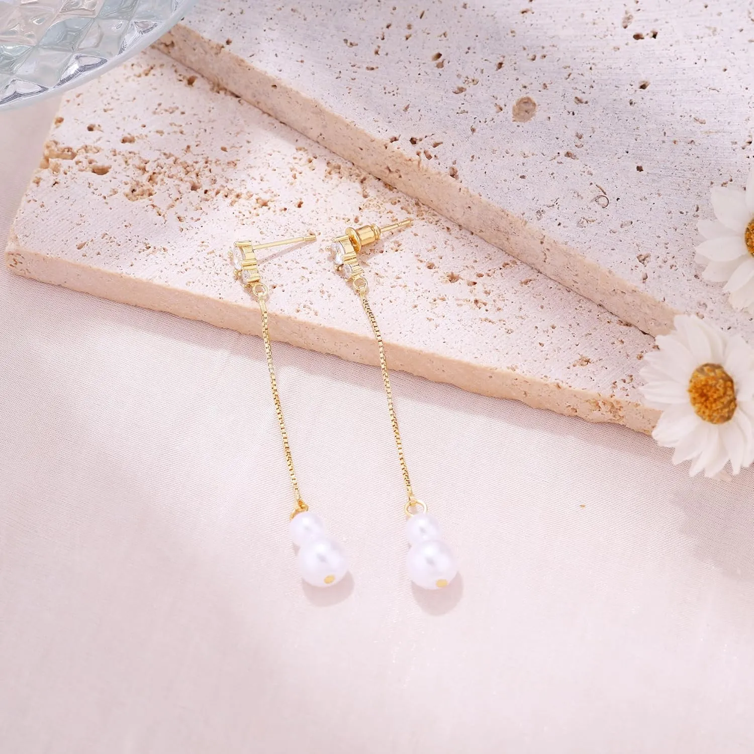 Dangle Earrings For Women,14k Gold Plated Dangle Earrings Simple Pearl Drop Earrings For Women Trendy Cute Wedding Earrings Gold Jewelry