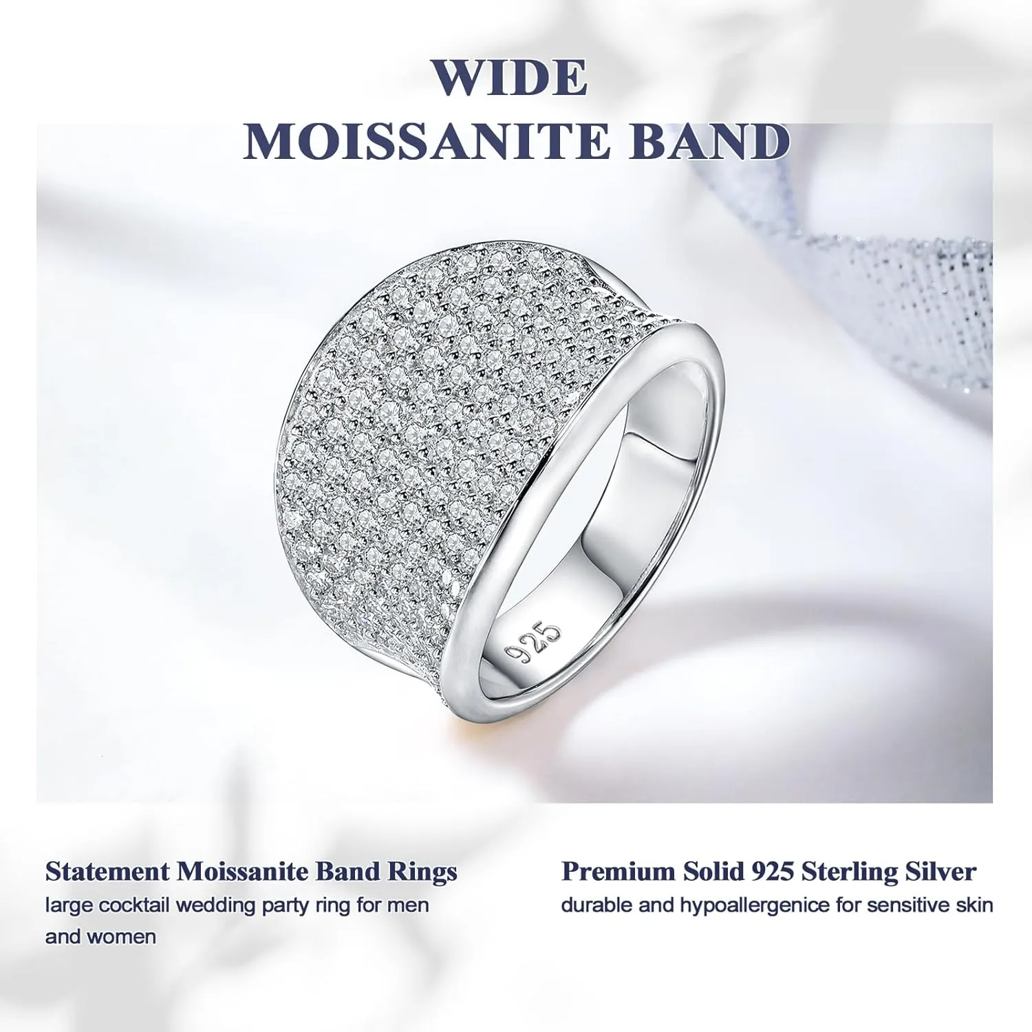 DAYBYDAY Moissanite Rings for Men Women 925 Sterling Silver 2-3.5ct D Color VVS1 Simulated Diamond Moissanite Pave/Baguette Band Statement Cocktail Rings Moissanite Jewelry Size 6-11