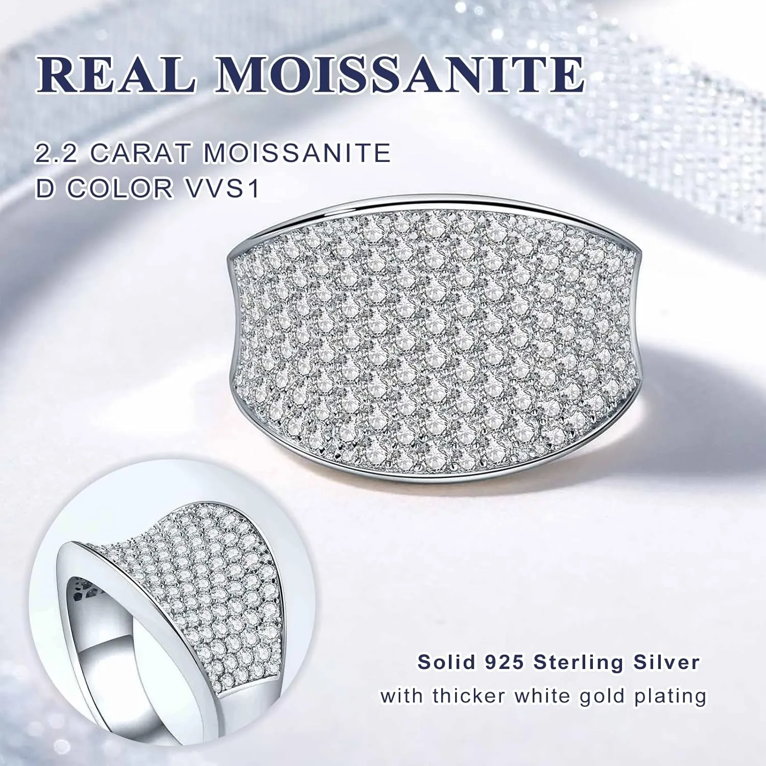 DAYBYDAY Moissanite Rings for Men Women 925 Sterling Silver 2-3.5ct D Color VVS1 Simulated Diamond Moissanite Pave/Baguette Band Statement Cocktail Rings Moissanite Jewelry Size 6-11