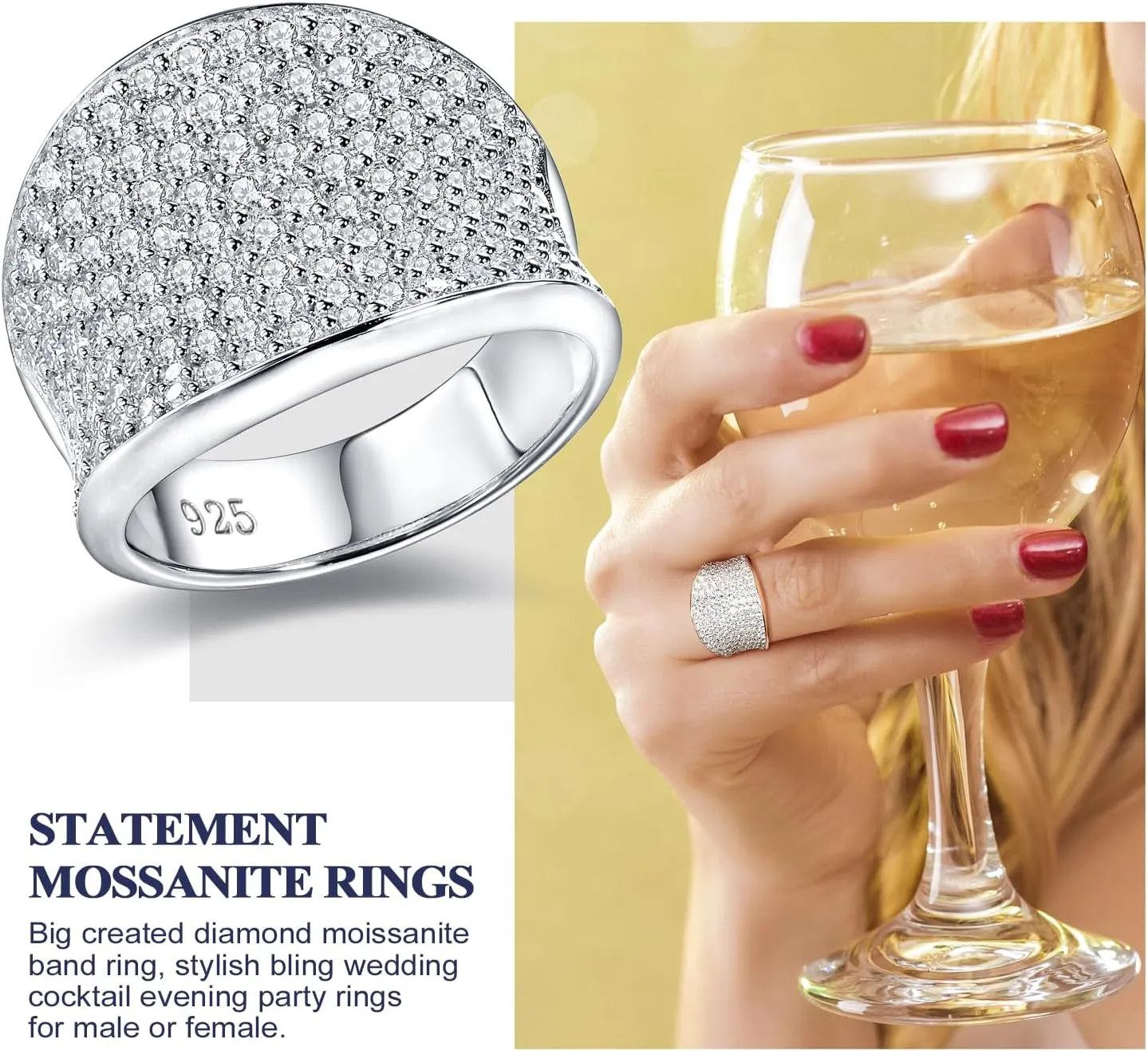 DAYBYDAY Moissanite Rings for Men Women 925 Sterling Silver 2-3.5ct D Color VVS1 Simulated Diamond Moissanite Pave/Baguette Band Statement Cocktail Rings Moissanite Jewelry Size 6-11
