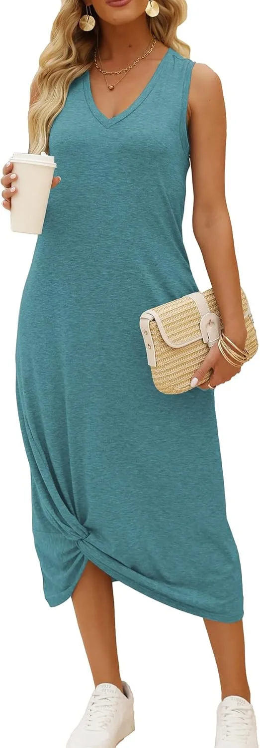 DEEP SELF Women's Casual V Neck Twist Knot Front Sleeveless Long Dress Summer Beach Tank Ankle Length Dresses with Pockets