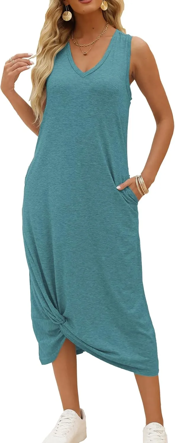 DEEP SELF Women's Casual V Neck Twist Knot Front Sleeveless Long Dress Summer Beach Tank Ankle Length Dresses with Pockets