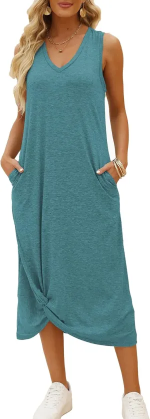 DEEP SELF Women's Casual V Neck Twist Knot Front Sleeveless Long Dress Summer Beach Tank Ankle Length Dresses with Pockets
