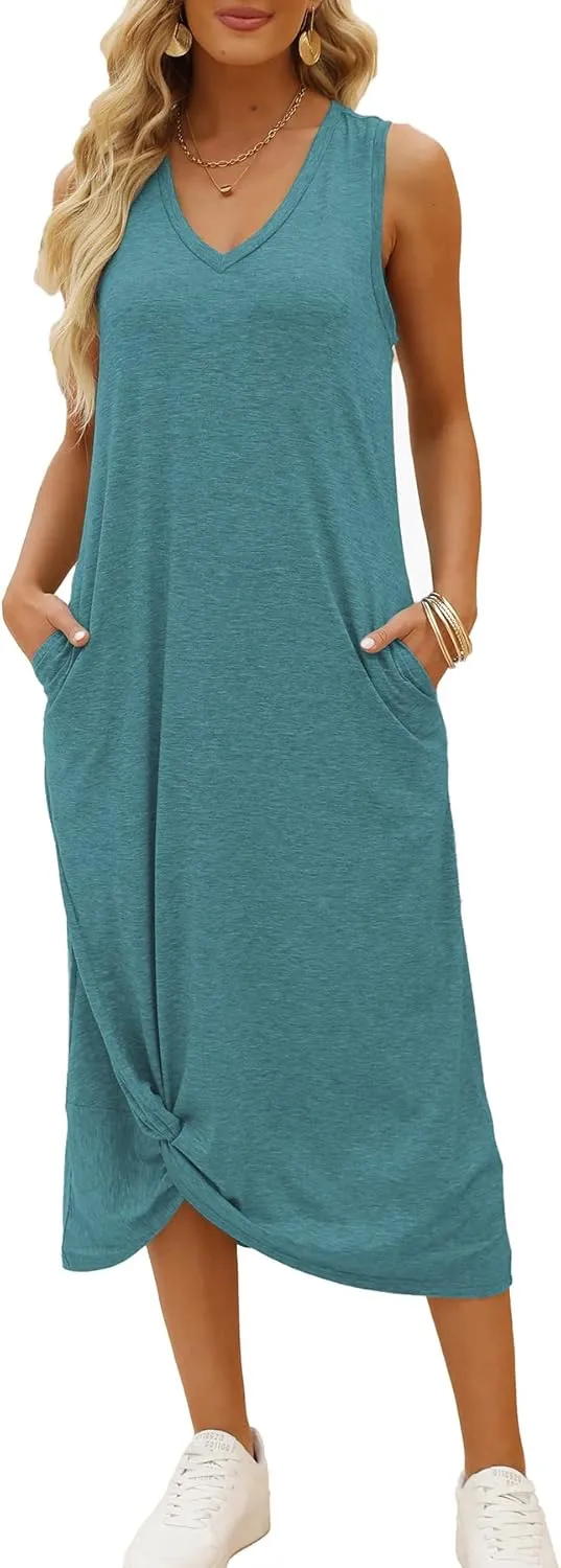 DEEP SELF Women's Casual V Neck Twist Knot Front Sleeveless Long Dress Summer Beach Tank Ankle Length Dresses with Pockets