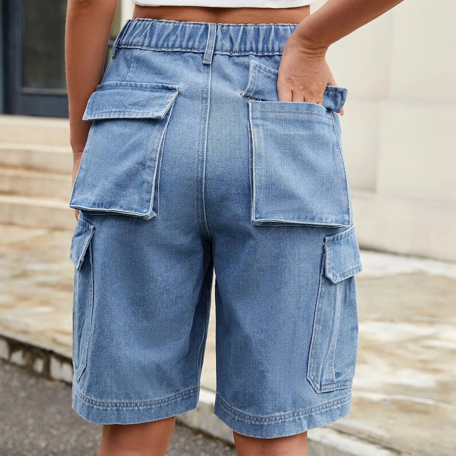 Denim Shorts for Women Stretchy Summer Jean Shorts High Waisted Bermuda Shorts Casual Cargo Short Pants Trousers
