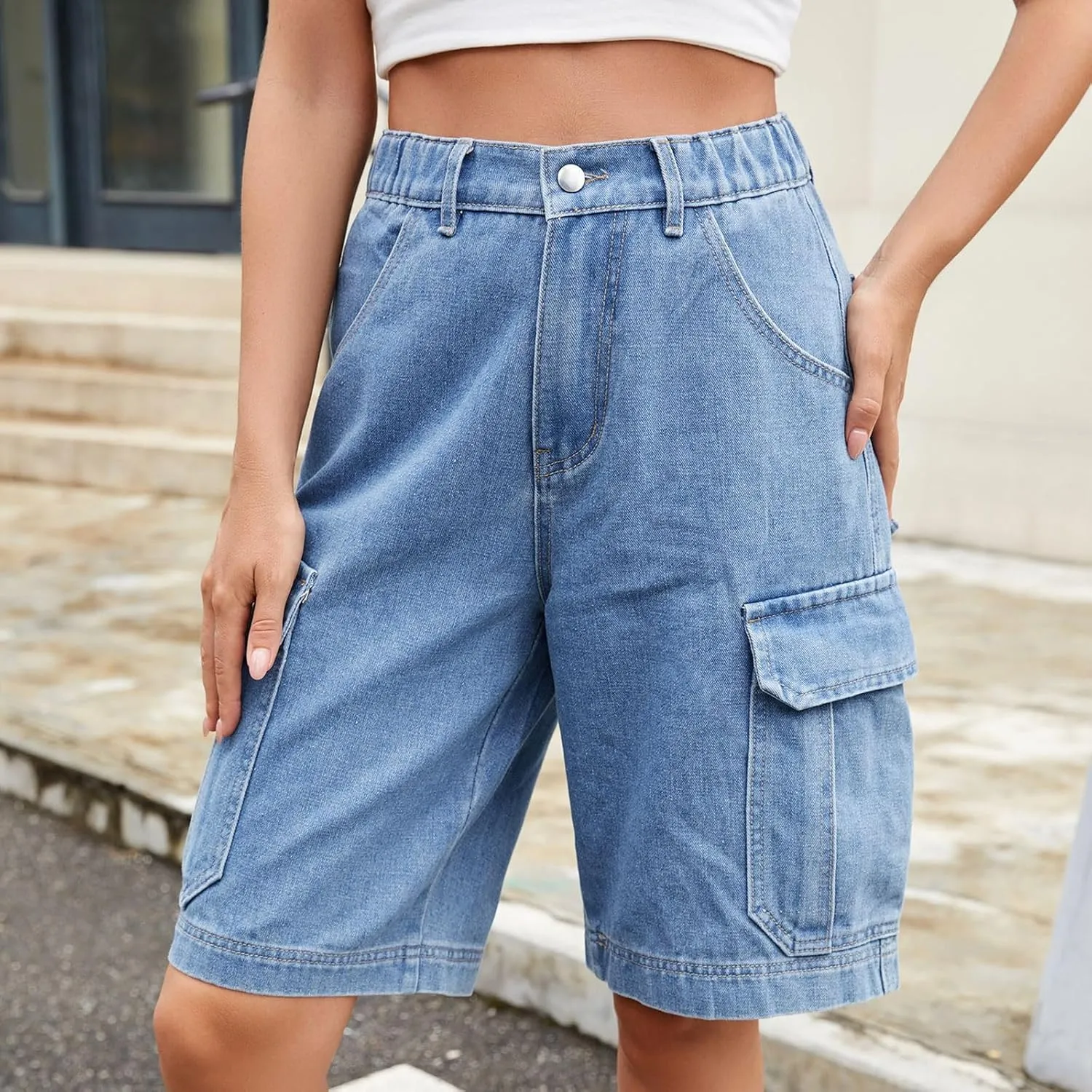 Denim Shorts for Women Stretchy Summer Jean Shorts High Waisted Bermuda Shorts Casual Cargo Short Pants Trousers