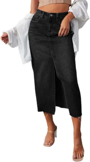 Denim Skirts for Women Long Length Front Slit Casual Comfort Stretch Elegant High Waisted Jean Skirt with Pockets