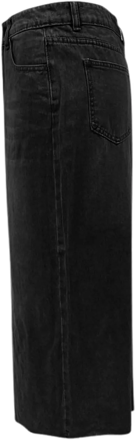 Denim Skirts for Women Long Length Front Slit Casual Comfort Stretch Elegant High Waisted Jean Skirt with Pockets