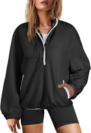 Dokotoo Sweatshirt for Women Oversized Fuzzy Fleece Jacket Color Block Button Long Sleeve Pullover Sherpa Sweatshirts Tops