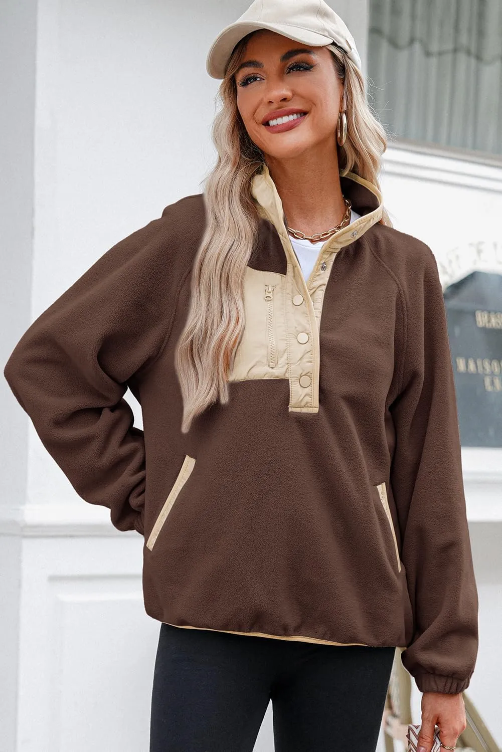 Dokotoo Sweatshirt for Women Oversized Fuzzy Fleece Jacket Color Block Button Long Sleeve Pullover Sherpa Sweatshirts Tops