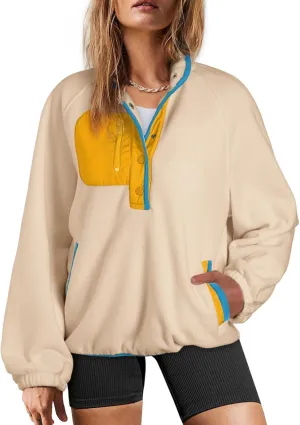 Dokotoo Sweatshirt for Women Oversized Fuzzy Fleece Jacket Color Block Button Long Sleeve Pullover Sherpa Sweatshirts Tops